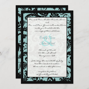 Black Damask Aqua Blue Wedding Invitation Kaart