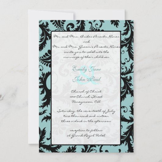 Black Damask Aqua Blue Wedding Invitation Kaart (Voorkant)