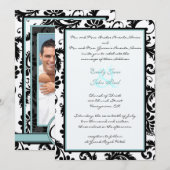 Black Damask Aqua Blue Wedding Invitation Kaart (Voorkant / Achterkant)