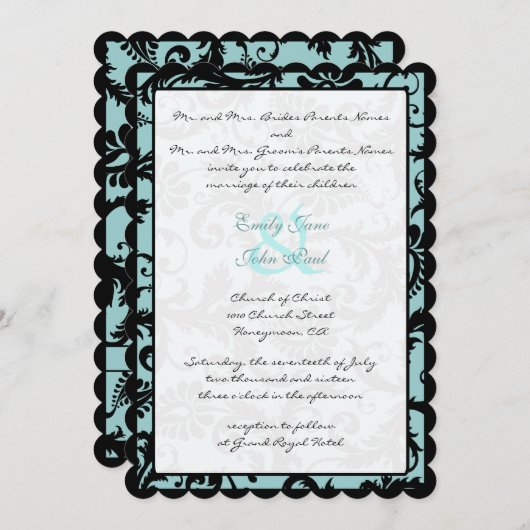 Black Damask Aqua Blue Wedding Invitation Kaart (Voorkant / Achterkant)