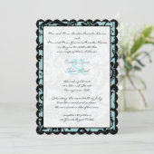 Black Damask Aqua Blue Wedding Invitation Kaart (Staand voorkant)