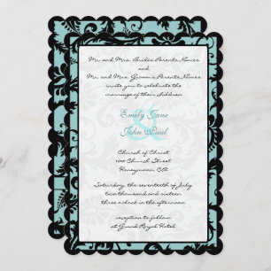Black Damask Aqua Blue Wedding Invitation Kaart