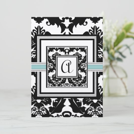Black Damask Aqua Trim Coeurs Mariage Invitations (Debout devant)
