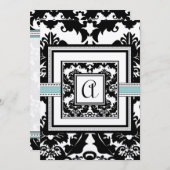 Black Damask Aqua Trim Coeurs Mariage Invitations (Devant / Derrière)