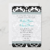 Black Damask Aqua Trim Hearts Wedding Invitations Kaart (Achterkant)
