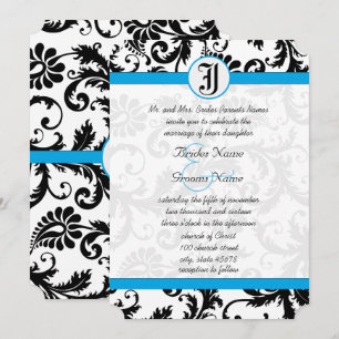 Black Damask Aquamarine Trim Wedding Invitations