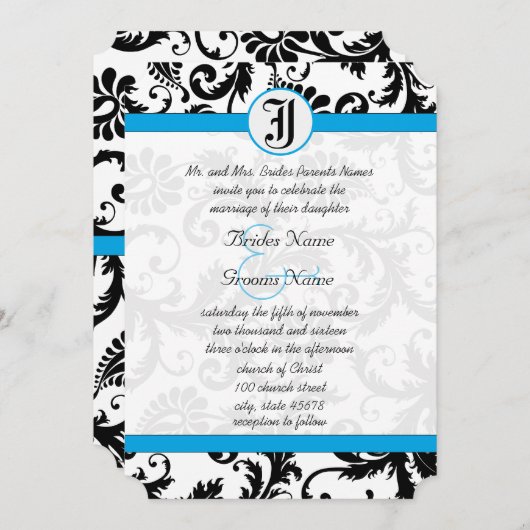 Black Damask Aquamarine Trim Wedding Invitations (Devant / Derrière)