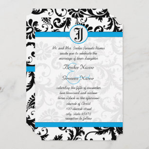 Black Damask Aquamarine Trim Wedding Invitations Kaart