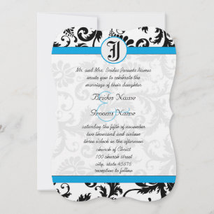 Black Damask Aquamarine Trim Wedding Invitations Kaart