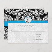 Black Damask Aquamarine Trim Wedding RSVP Kaarten (Voorkant / Achterkant)