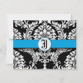 Black Damask Aquamarine Trim Wedding RSVP Kaarten (Achterkant)