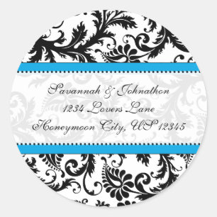 Black Damask Aquamarine Trim Wedding Seal Ronde Sticker