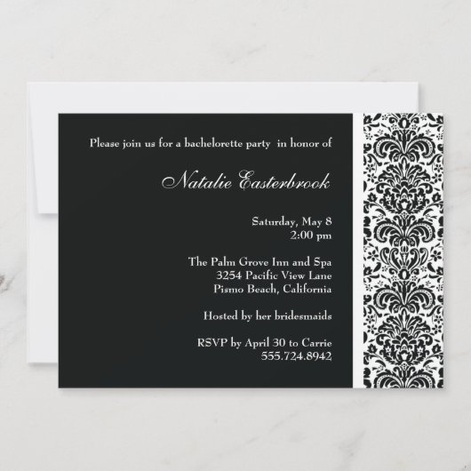 Black Damask Bachelorette Party Invitation Kaart (Voorkant)