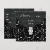 Black Damask Black Invitation White Silver 35th Bi Kaart (Voorkant / Achterkant)