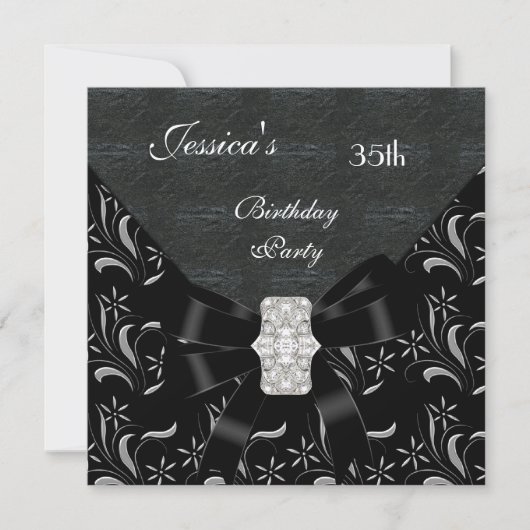 Black Damask Black Invitation White Silver 35th Bi Kaart (Voorkant)