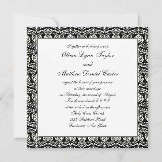 Black Damask blanc Mariage Damask Invitation (Dos)