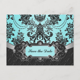 Black Damask Blue Wedding Bewaar de datums Aankondigingskaart