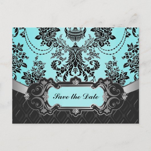 Black Damask Blue Wedding Bewaar de datums Aankondigingskaart (Voorkant)