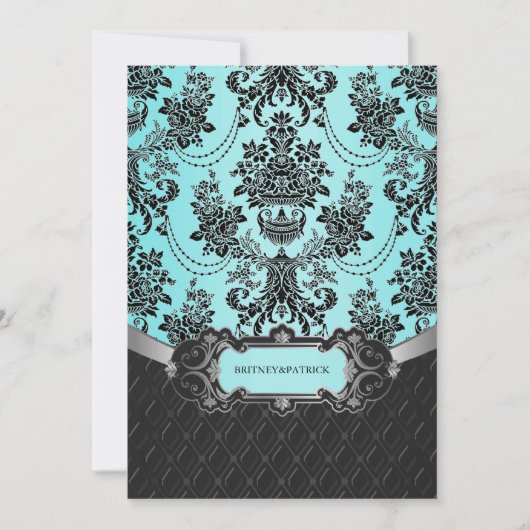 Black Damask Blue Wedding Invitations Kaart (Voorkant)