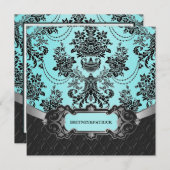 Black Damask Blue Wedding Invitations Kaart (Voorkant / Achterkant)