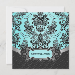 Black Damask Blue Wedding Invitations Kaart