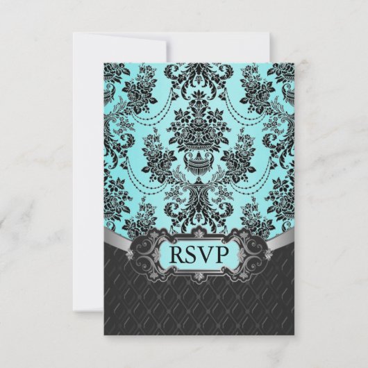 Black Damask Blue Wedding RSVP-kaarten RSVP Kaartje (Voorkant)