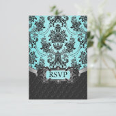 Black Damask Blue Wedding RSVP-kaarten RSVP Kaartje (Staand voorkant)