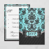 Black Damask Blue Wedding RSVP-kaarten RSVP Kaartje (Voorkant / Achterkant)