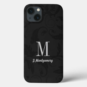 Black Damask Classic Monogrammed iPhone 13 Hoesje