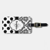 Black  Damask Cute Polka Dots Bagagelabel (Voorkant horizontaal)