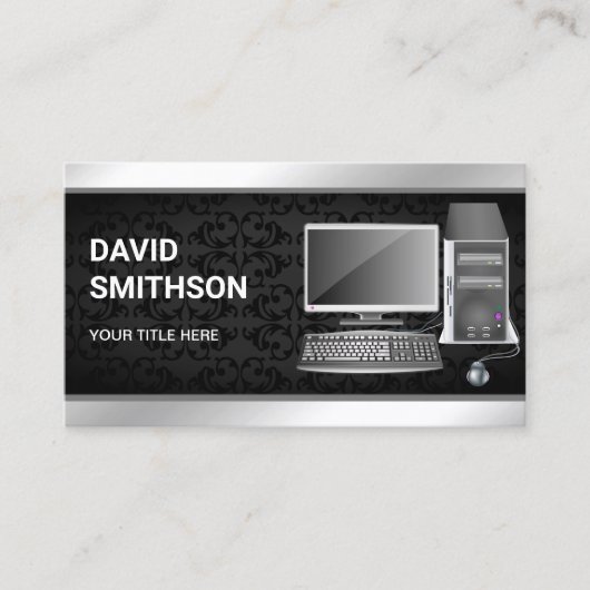 Black Damask Desktop PC Computer Repair Technician Visitekaartje (Voorkant)