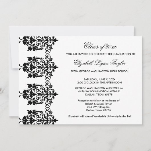 Black Damask Edge Wit Afstuderen Aankondiging (Voorkant)