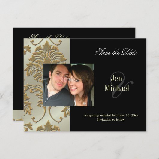 Black Damask Enregistrer la date Photo cartes post (Devant / Derrière)