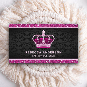 Black Damask Faux Hot Pink Glitter Royal Crown Visitekaartje