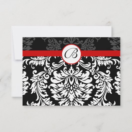 Black Damask Frotles Red Trim Mariage RSVP (Dos)