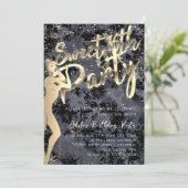 Black Damask Gold Confetti Sweet 16th Party Kaart (Staand voorkant)