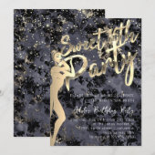 Black Damask Gold Confetti Sweet 16th Party Kaart (Voorkant / Achterkant)