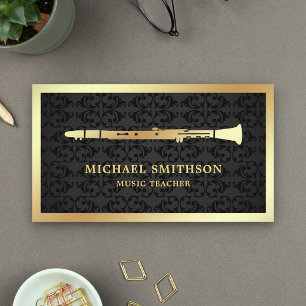 Black Damask Gold Foil Clarinet Music Teacher Visitekaartje