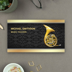 Black Damask Gold Foil French Horn Music Teacher Visitekaartje