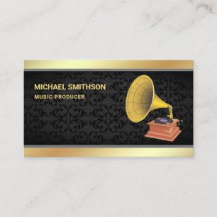 Black Damask Gold Foil Gramophone Music Producer Visitekaartje