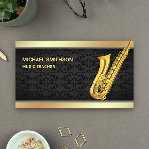 Black Damask Gold Foil Saxophone Music Teacher Visitekaartje