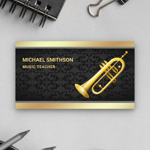 Black Damask Gold Foil Trumpet Music Teacher Visitekaartje