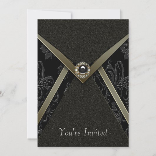 Black Damask Gold Trim Black Invitation Modèle (Devant)