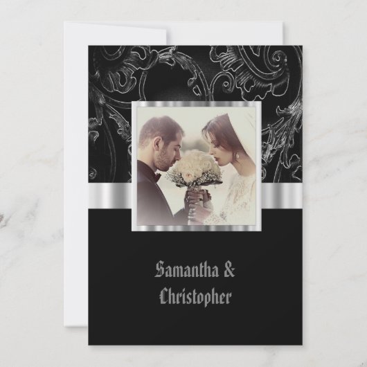 Black damask gothic wedding photo invitation (Dos)