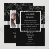Black damask gothic wedding photo invitation (Devant / Derrière)