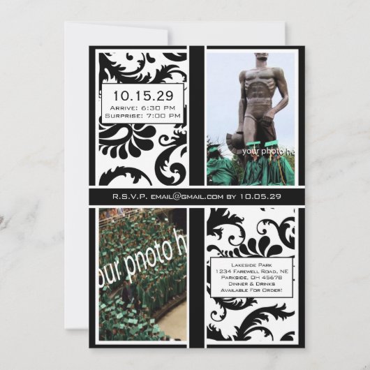 Black Damask Graduation Adieu Invitation (Dos)