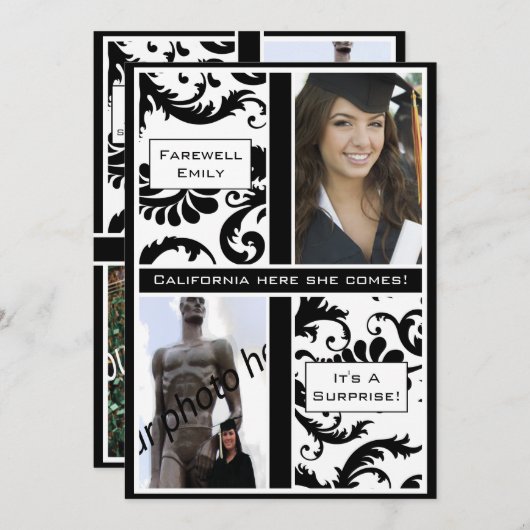 Black Damask Graduation Adieu Invitation (Devant / Derrière)