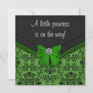 Black Damask Green Bow Princess Baby shower Kaart