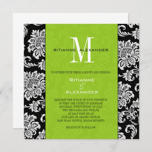 Black Damask Green Monogram Weddenschap Kaart (Voorkant / Achterkant)