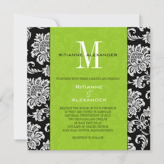 Black Damask Green Monogram Weddenschap Kaart (Voorkant)